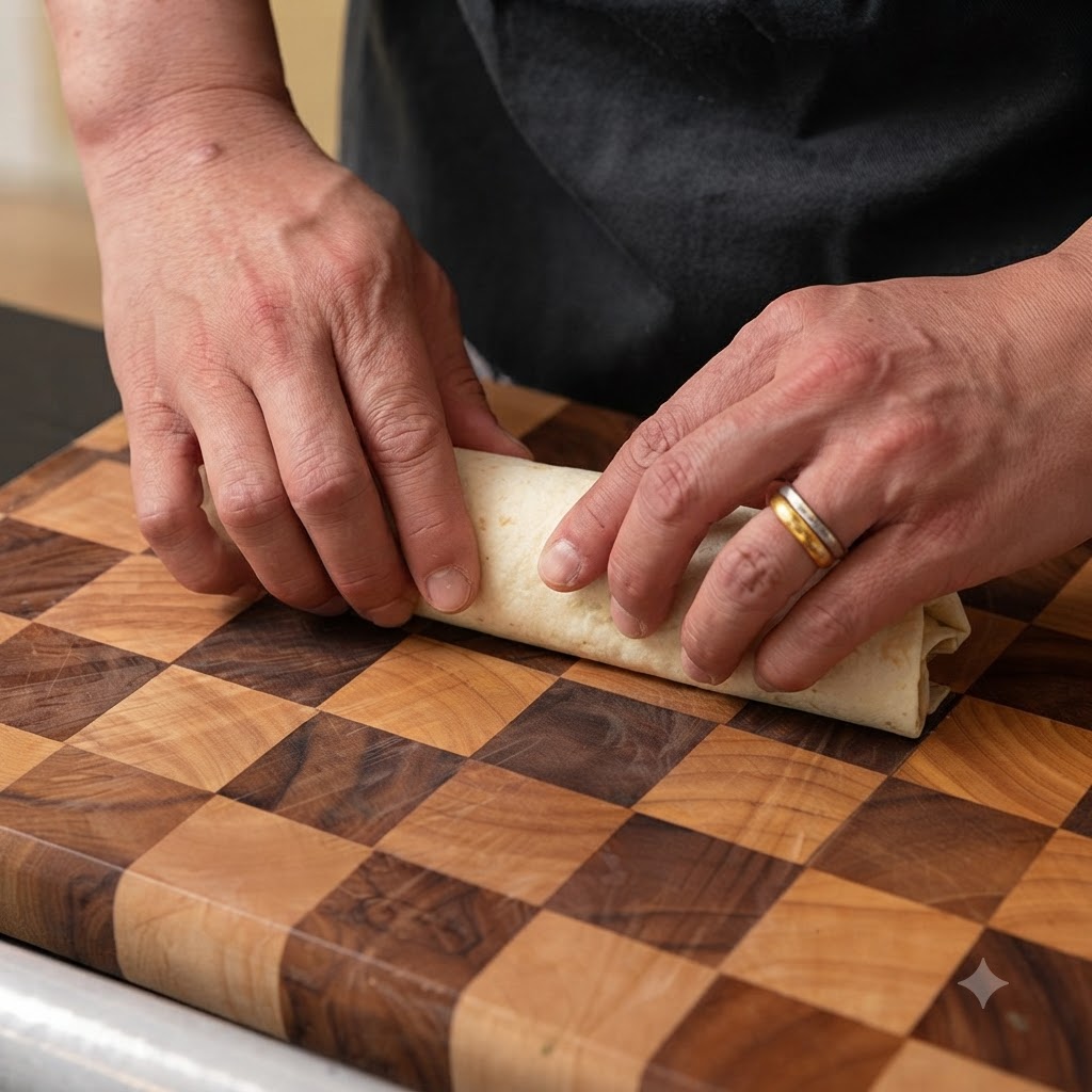 A wheat wrap being rolled up tightly on a wooden cutting board to enclose the filling.
