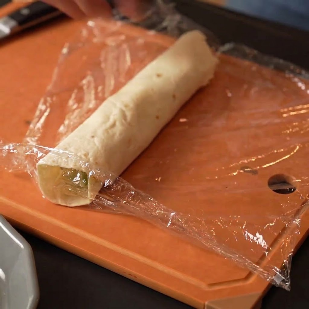 A rolled wheat wrap being wrapped securely in plastic film on an orange cutting board.
