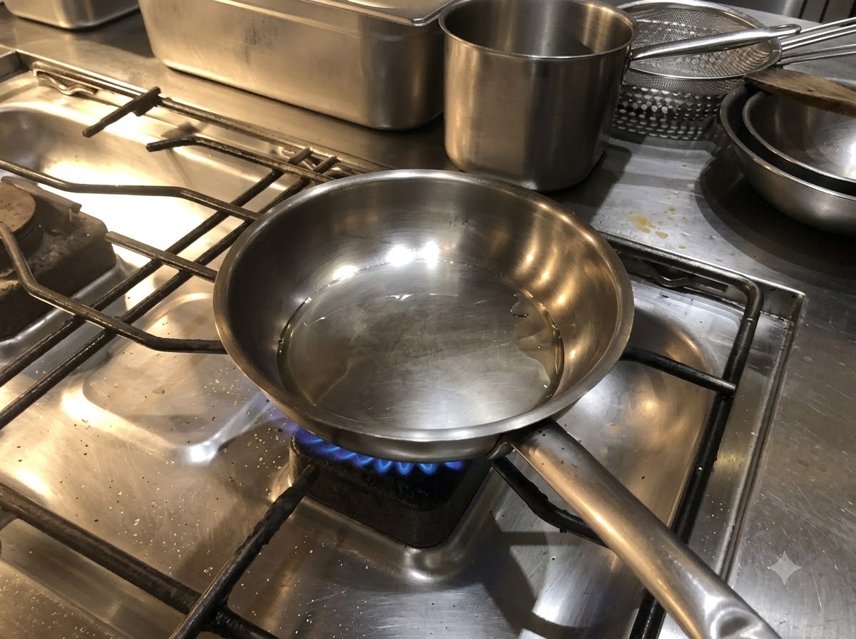 Slices of onion being added into a stainless steel pan heating on a gas stove.