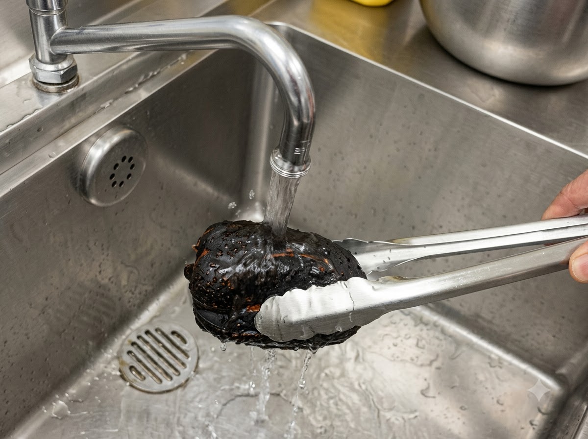 A blackened charred bell pepper being held with tongs under a kitchen sink faucet with running water.