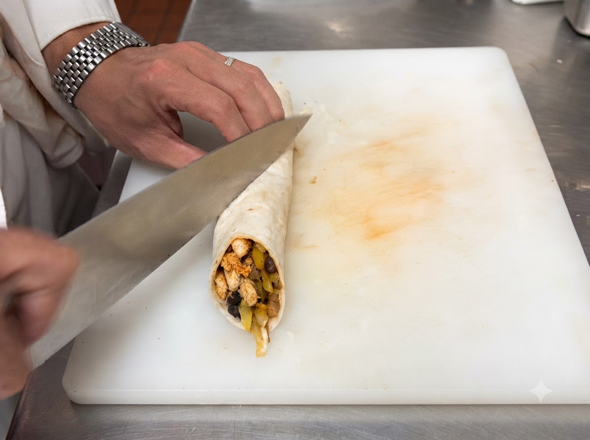 Mayonnaise being applied onto a flat tortilla spread out on a white cutting board.