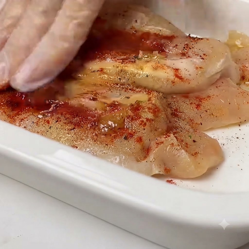 Olive oil being poured over seasoned chicken breasts in a white dish.