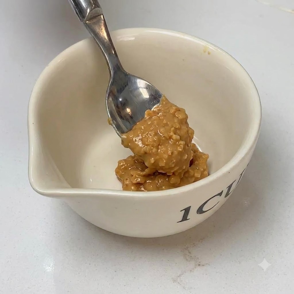 Crunchy peanut butter being mixed with honey, chili oil, and water in a small bowl.