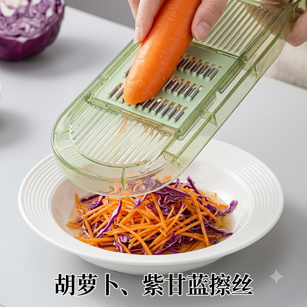 Carrots and purple cabbage being shredded into a white bowl.