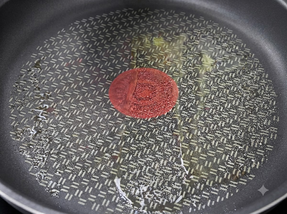 A hot frying pan with oil prepared for searing chicken breast slices.