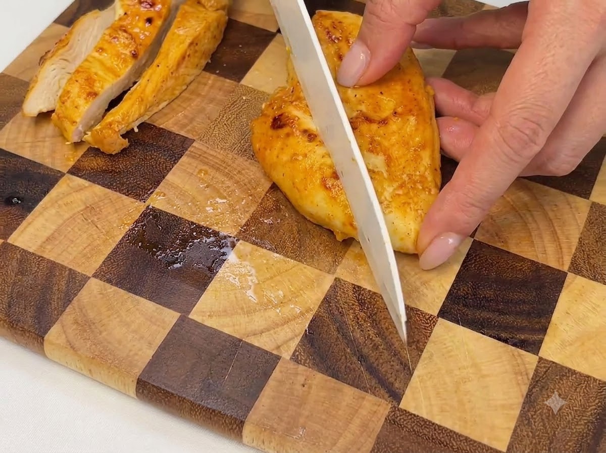A cooked chicken breast being sliced into pieces on a wooden checkered cutting board.