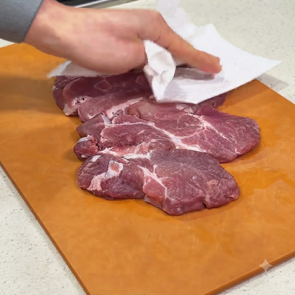 Pork shoulder meat being patted dry on a wooden cutting board with paper towels.