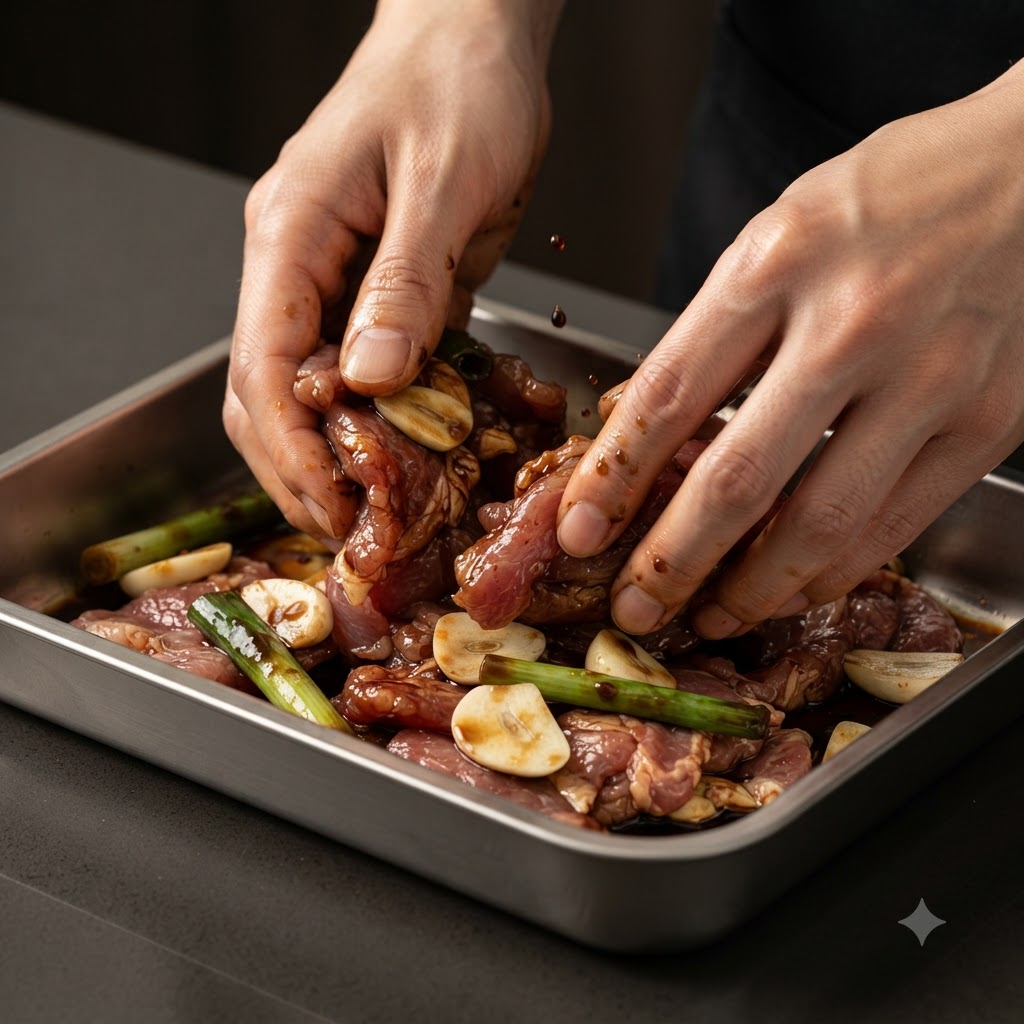Hands thoroughly massaging and coating the pork chops with marinade in a metal tray.