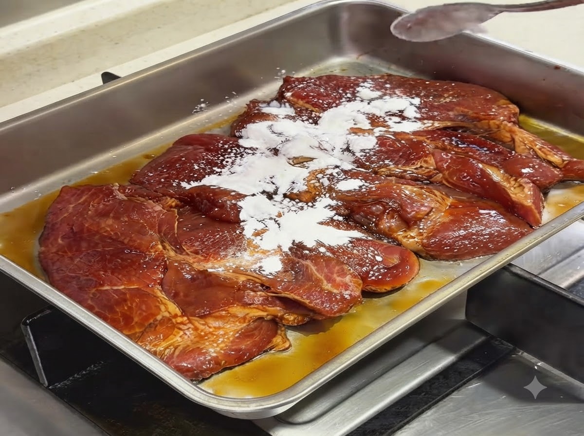 White starch sprinkled over marinated pork chops sitting in a metal tray.