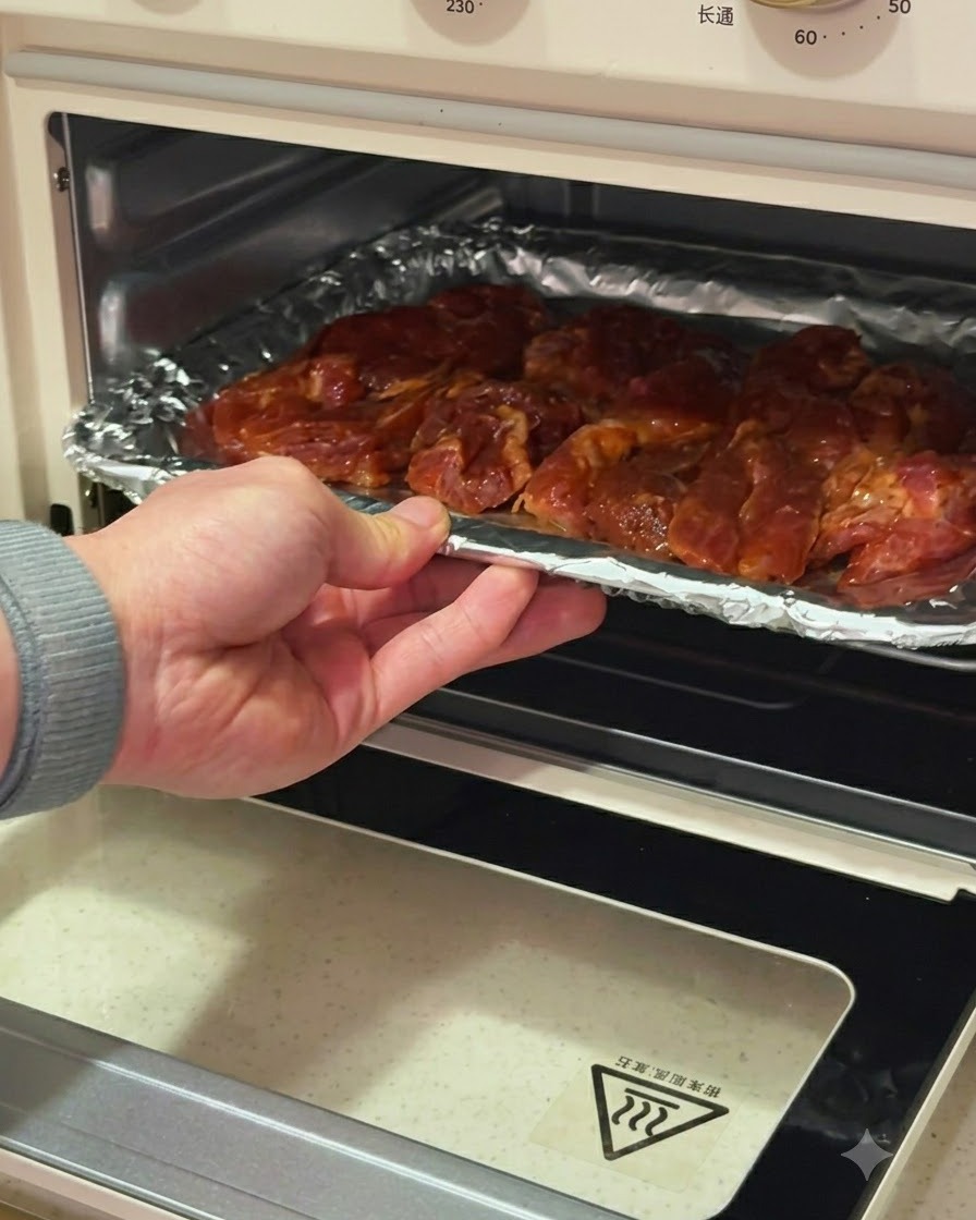 A hand sliding a baking tray with pork chops into an air fryer oven.