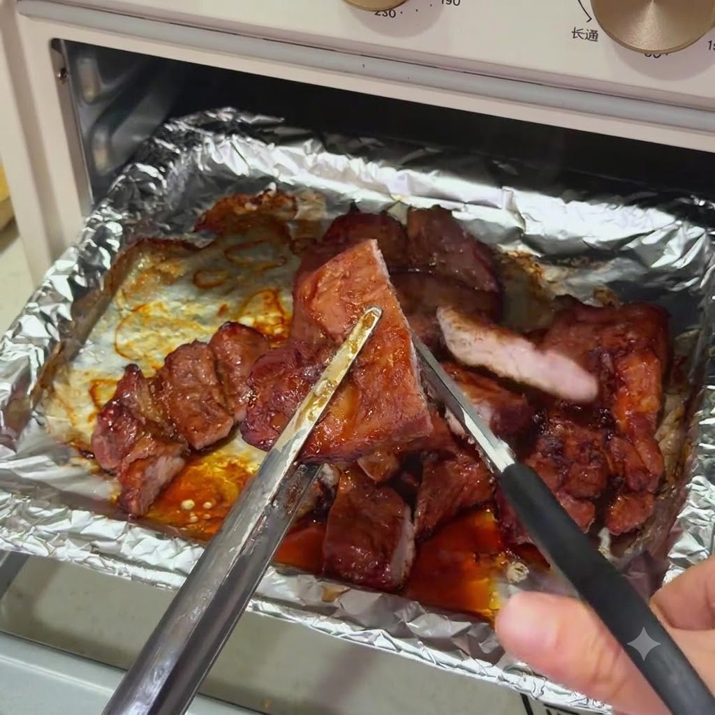 Cooked pork chops being sliced into bite-sized pieces with kitchen shears, showing a juicy pink center.