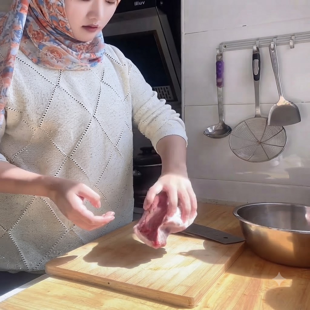 A persons hands using a cleaver to slice raw beef tenderloin on a wooden cutting board.