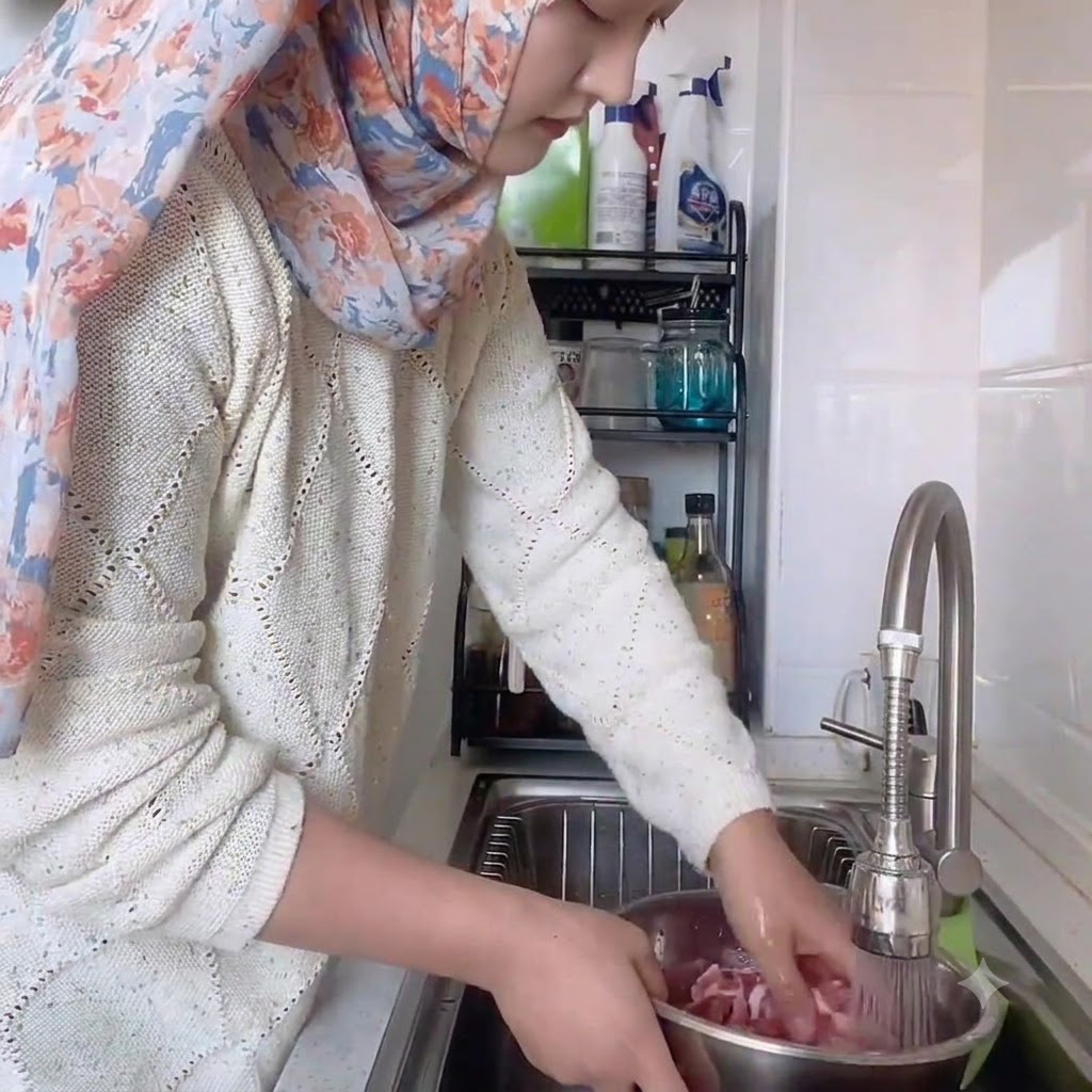 Sliced beef soaking in a stainless steel bowl filled with fresh water under a running faucet.