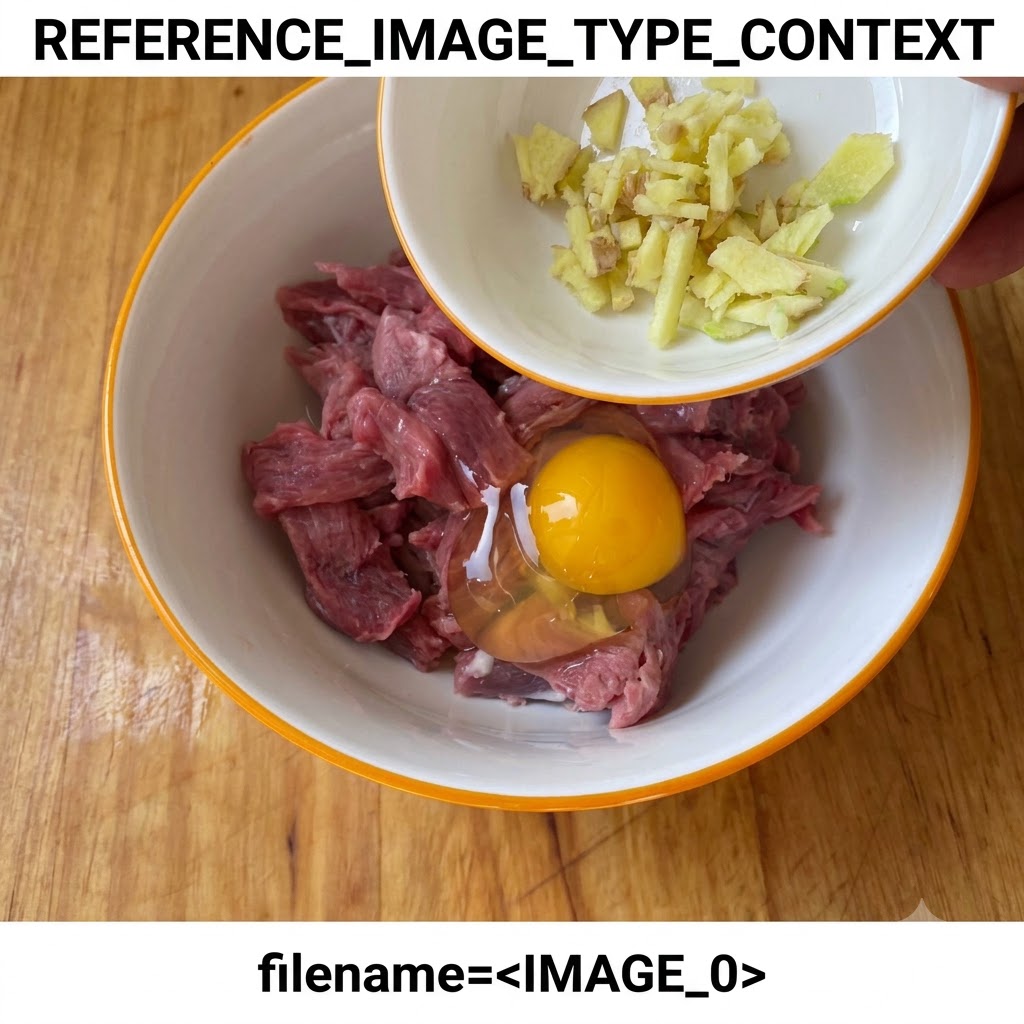 An egg and chopped ginger being poured from a small bowl into a larger bowl containing raw beef pieces.