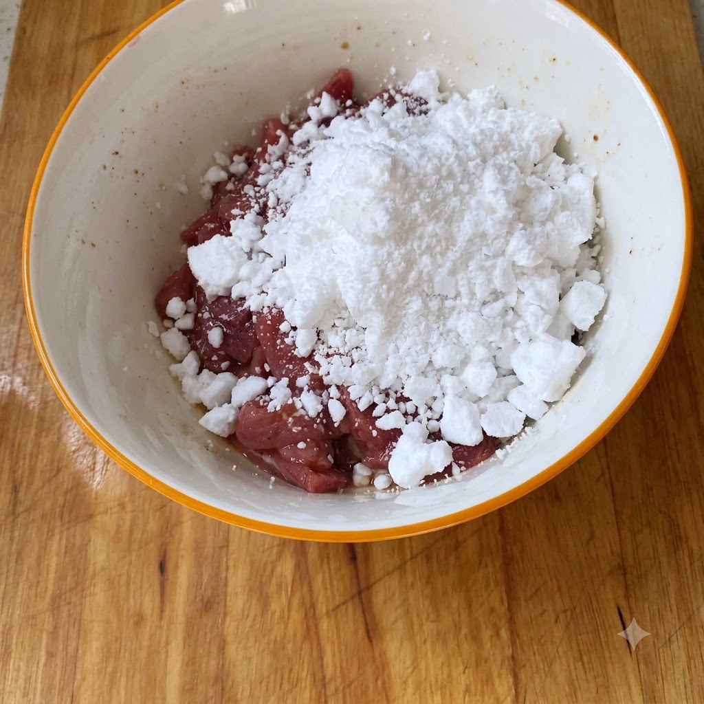 A generous amount of potato starch piled on top of seasoned raw beef pieces inside a bowl.