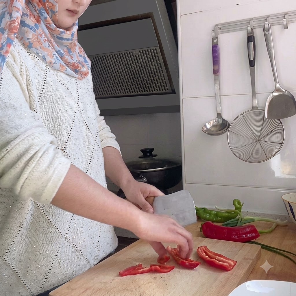 Red and green chili peppers being chopped into small segments on a wooden cutting board.
