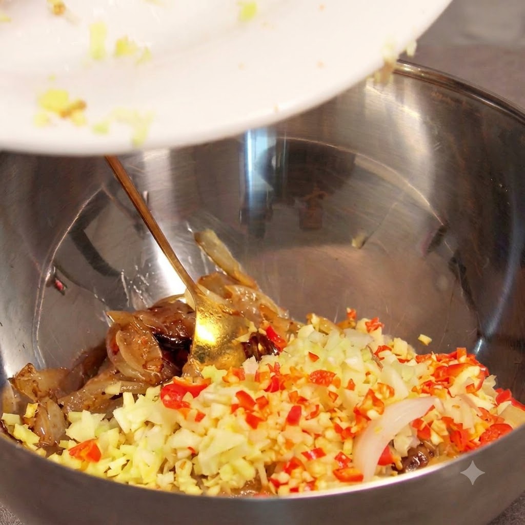 Minced garlic and chili peppers being scraped from a white plate into a metal mixing bowl with cooked onions.