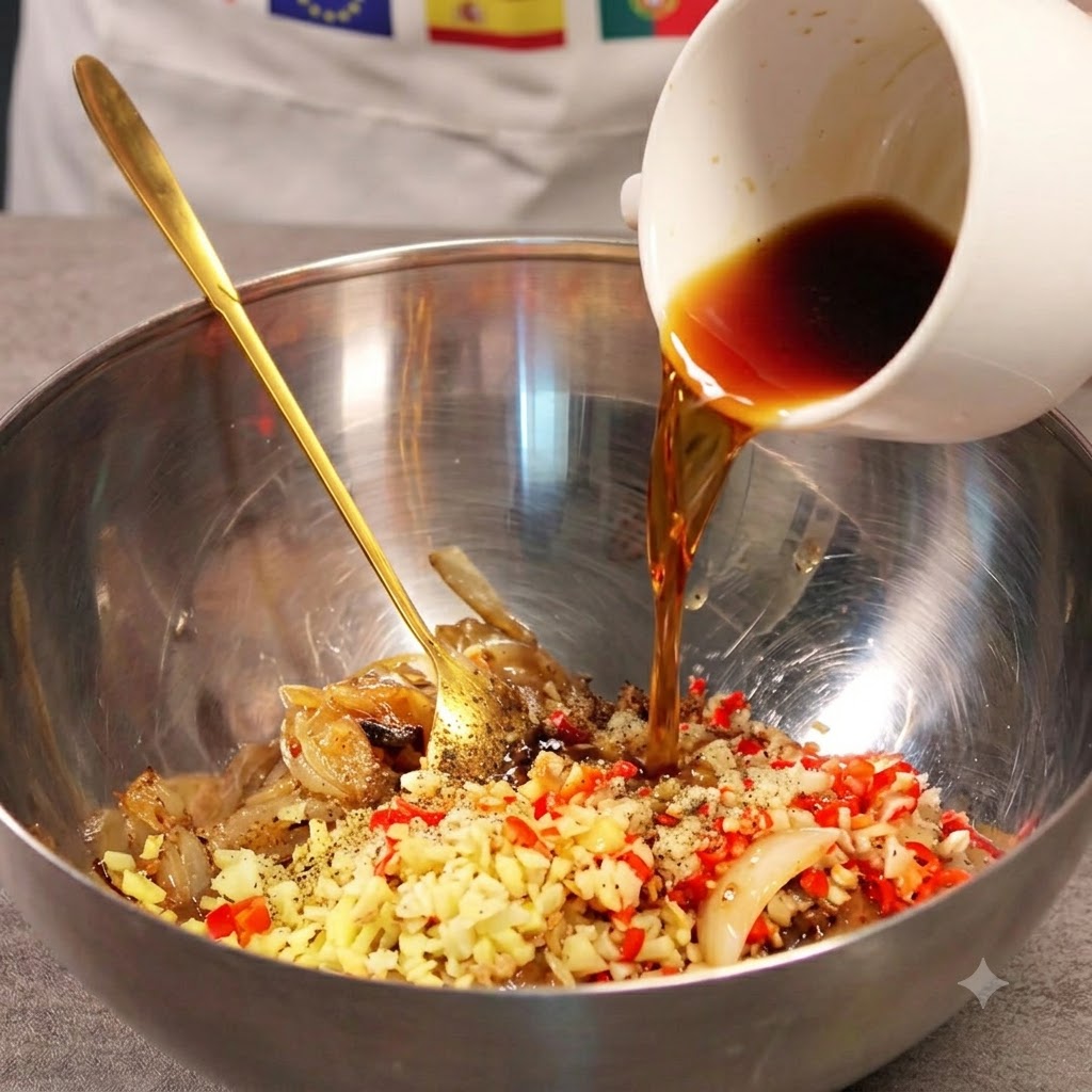 Concentrated dark coffee being poured from a white container into a metal mixing bowl filled with aromatics.