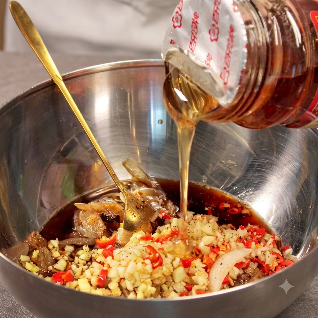 Honey being poured from a bottle directly into a stainless steel bowl with coffee and aromatics.
