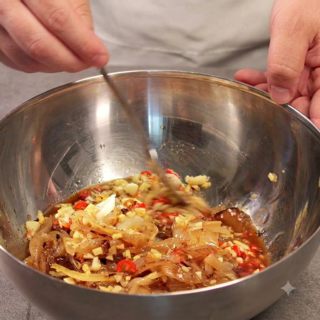 A person mixing the contents of a metal bowl with a golden spoon.