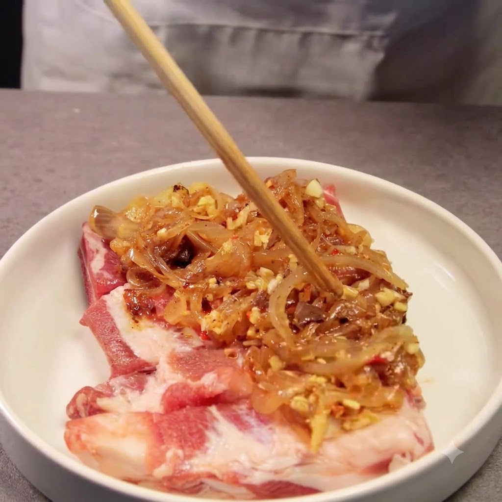 Chopsticks spreading the onion and coffee mixture across the surface of raw pork ribs.