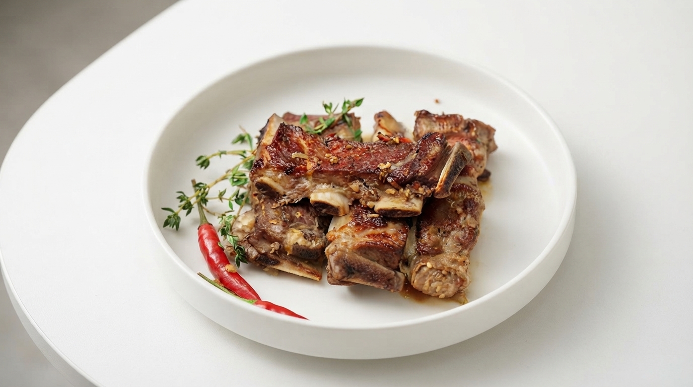 Roasted European pork ribs with a glossy glaze, garnished with fresh thyme and red chili peppers