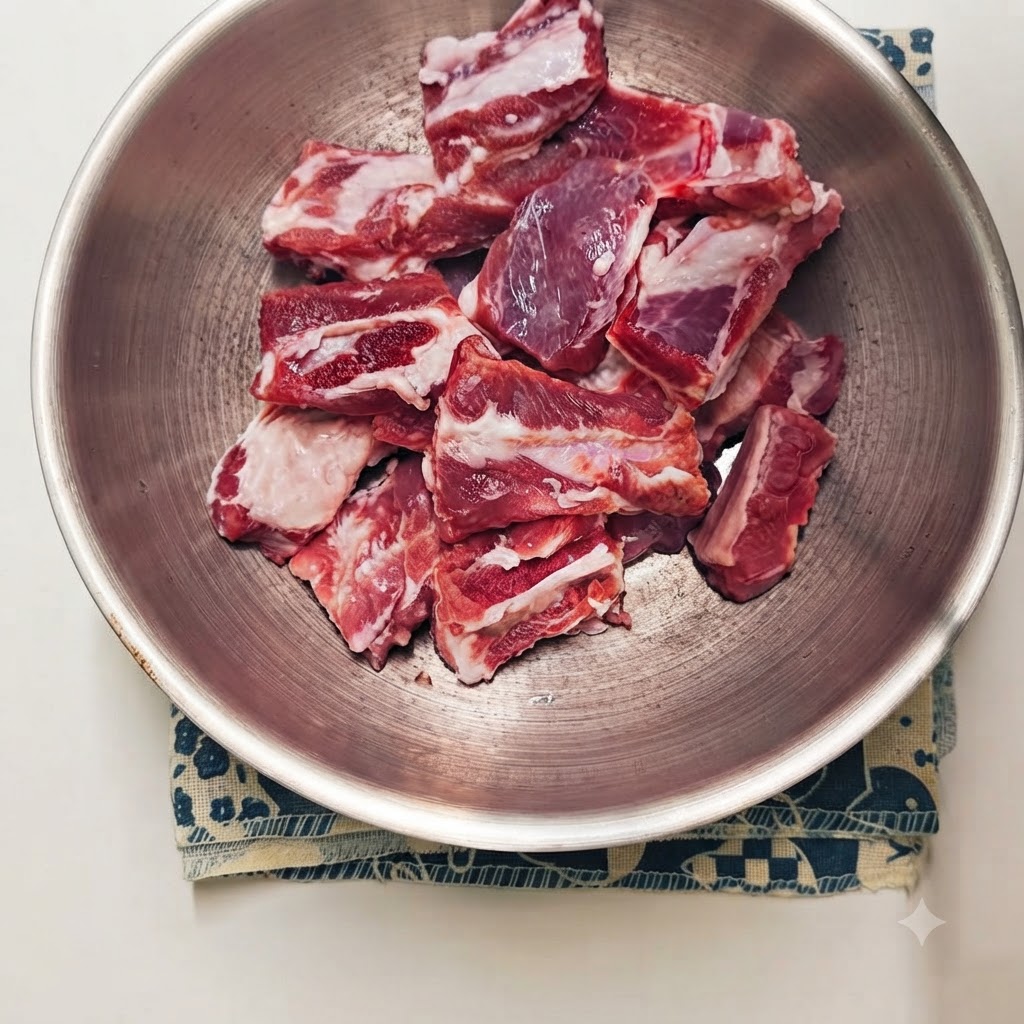 Raw pork rib pieces in a bowl with various liquid and powdered seasonings and aromatics added on top.