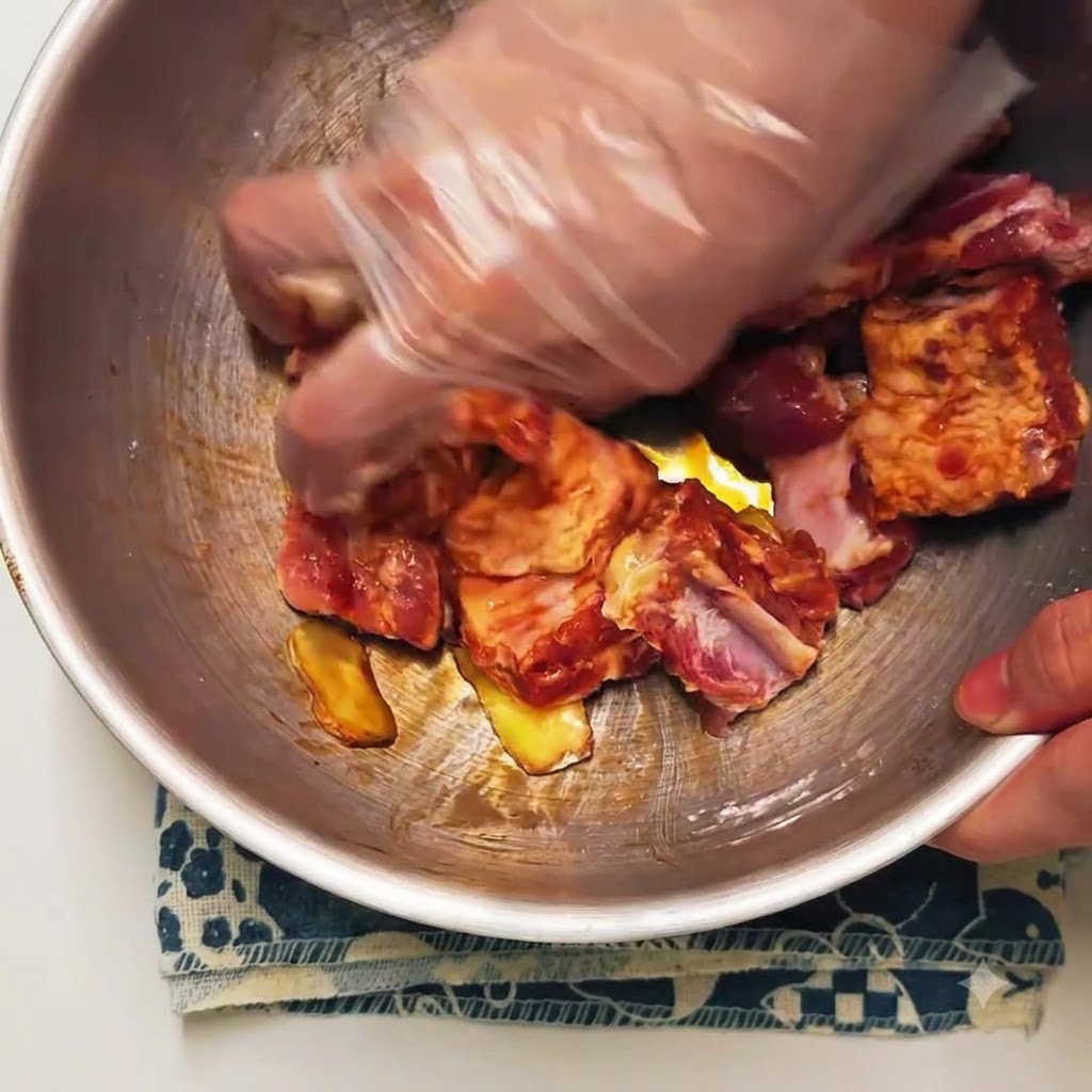 A gloved hand massaging and mixing raw pork ribs with marinade and ginger slices inside a stainless steel bowl.