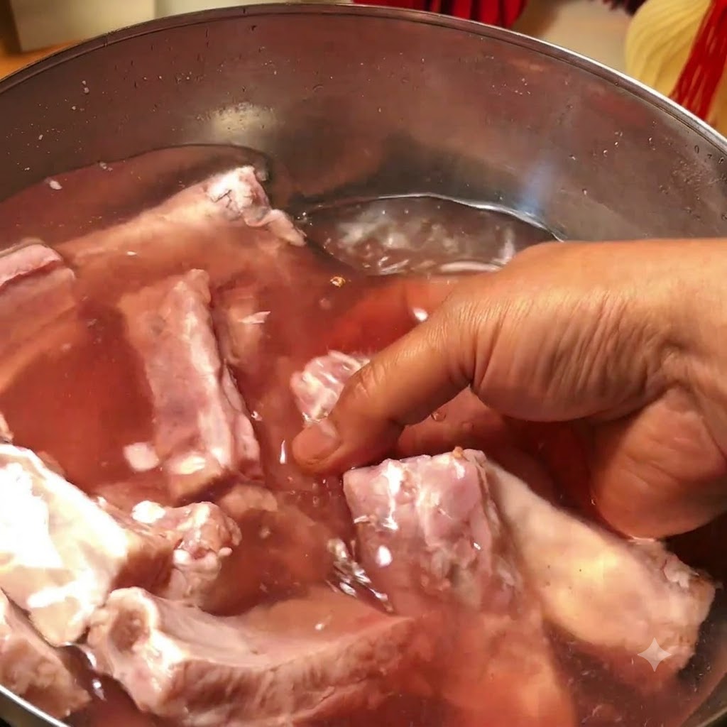 Pork ribs soaking in a metal tray with clean water.