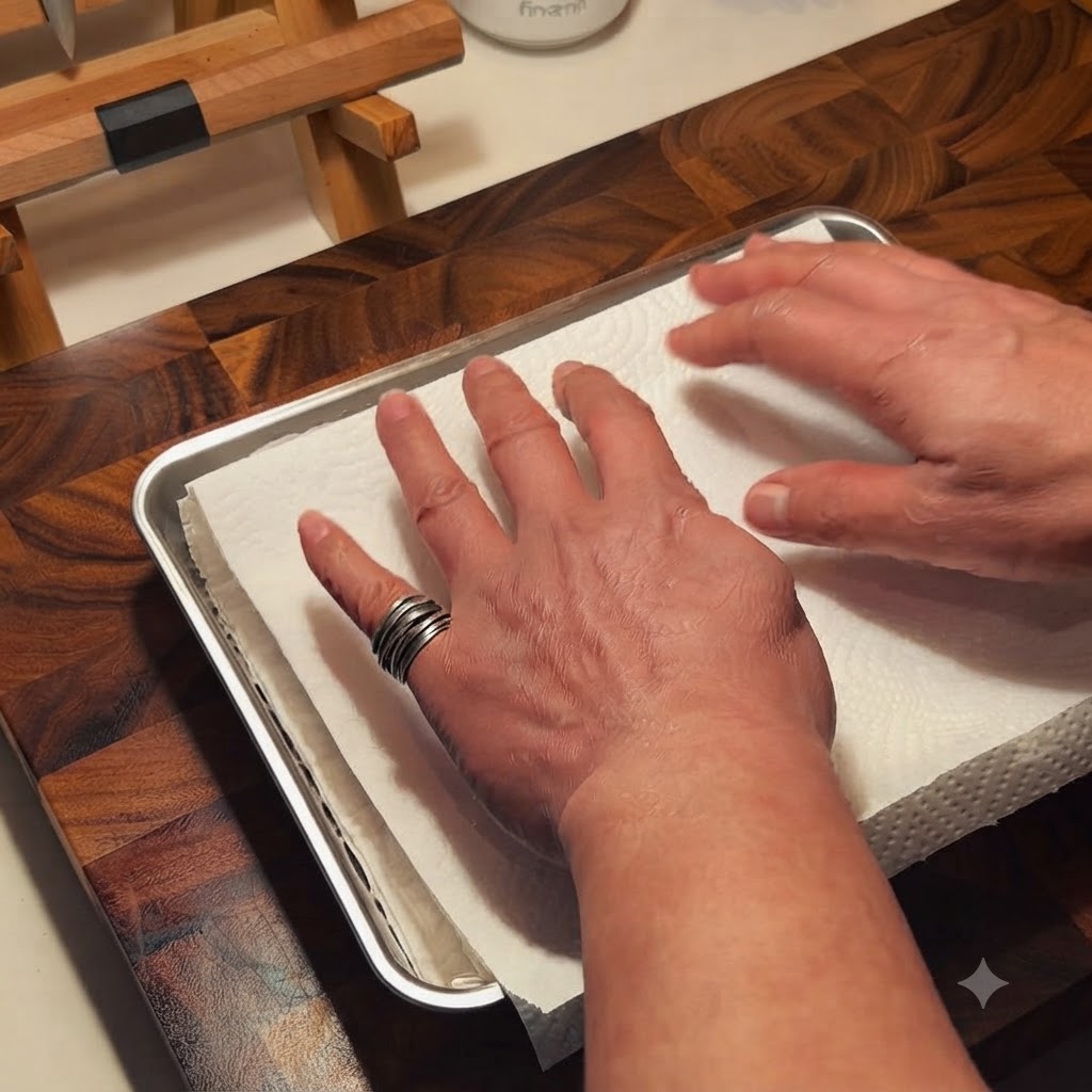 Pork ribs being patted dry with paper towels in a tray.