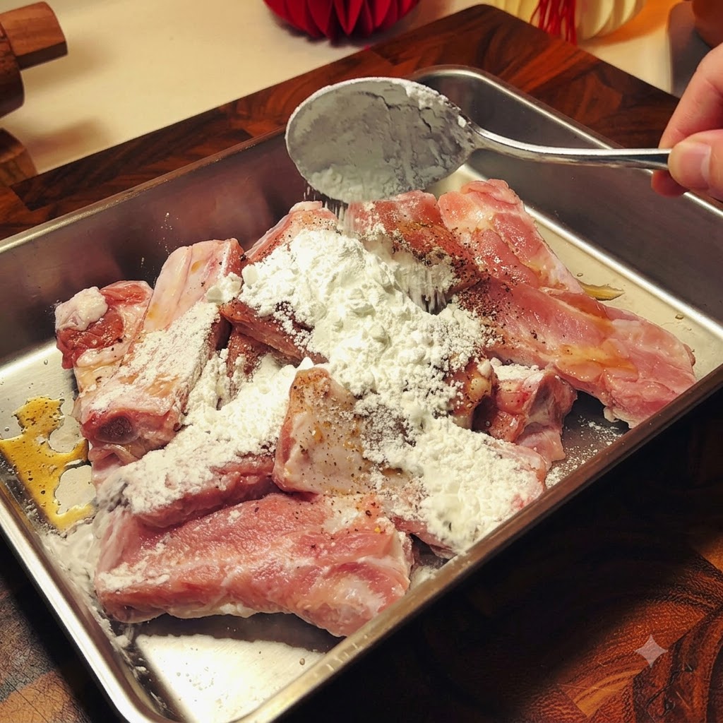 Adding seasonings, starch, and an egg onto raw pork ribs in a metal tray.