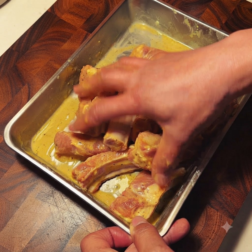 Hands mixing the seasonings and ingredients thoroughly with the pork ribs.
