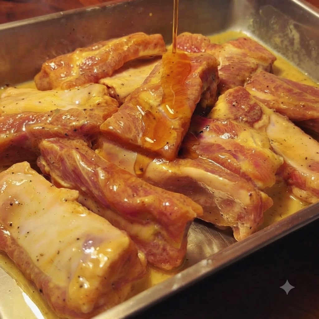 Pouring sesame oil over the marinated pork ribs.