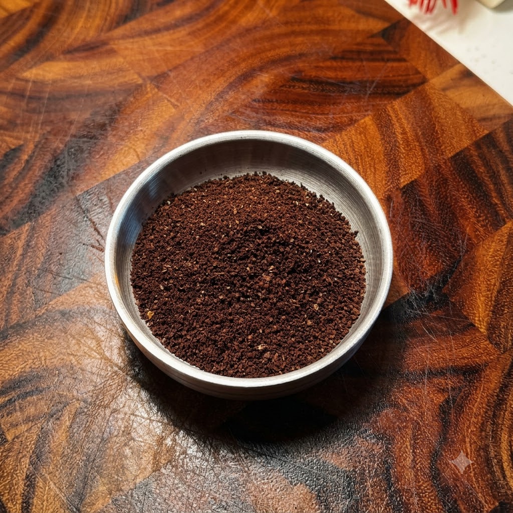 Freshly ground coffee powder being poured from a manual grinder into a small metal bowl.
