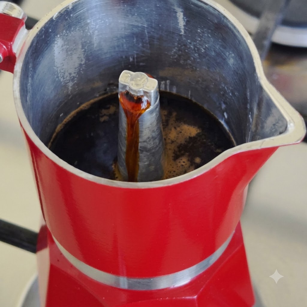 Fresh dark coffee brewing through the central metal column of a red moka pot.