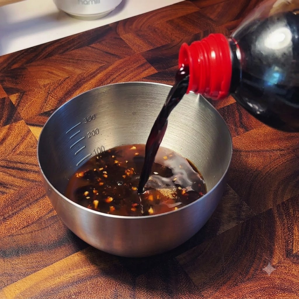Dark soy sauce being poured from a bottle into a stainless steel bowl filled with mixed liquid and seasonings.
