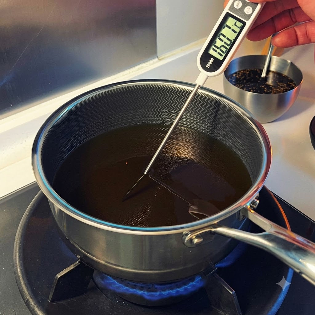 A digital meat thermometer measuring hot oil inside a deep metal cooking pot on a stove burner.