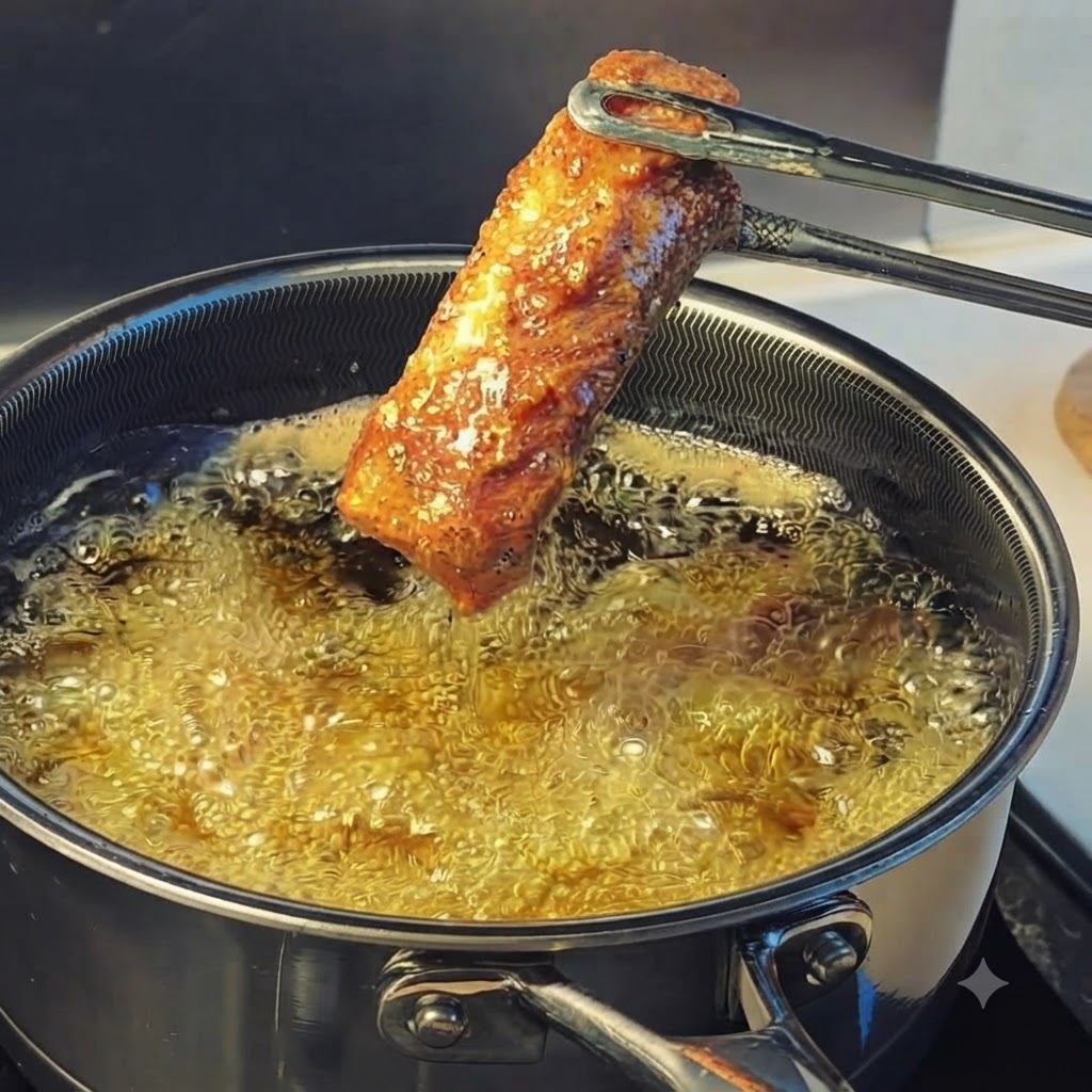 A single piece of golden-brown fried pork rib being held above bubbling hot oil with metal tongs.