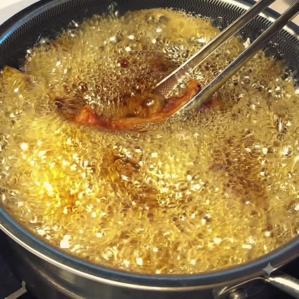 Pork ribs being submerged into hot bubbling oil during the high-temperature re-frying stage.