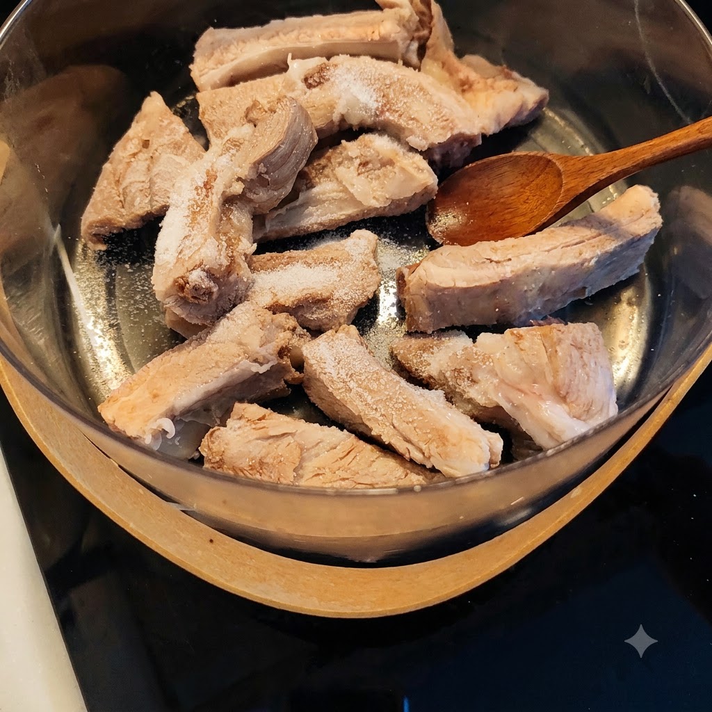 A wooden spoon resting over blanched pork ribs sprinkled with salt and seasonings inside a pot.