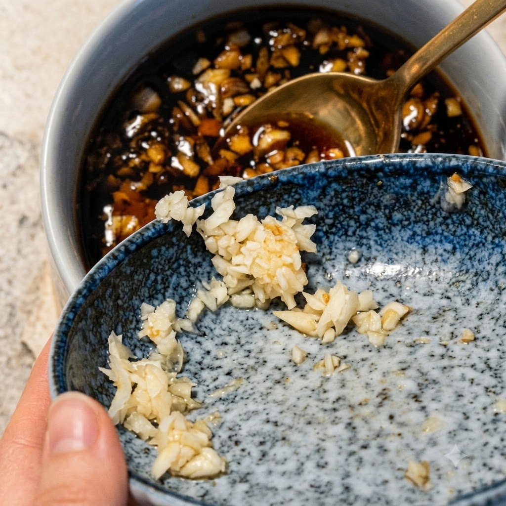 A golden spoon stirring a dark coffee and garlic sauce mixture in a small ceramic bowl.