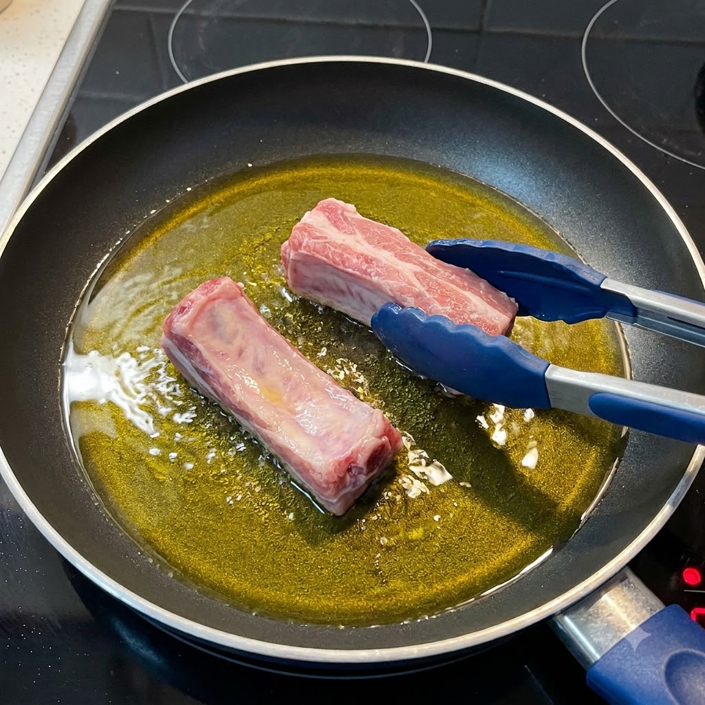 Blue silicone tongs placing marinated pork rib pieces into a hot pan filled with olive oil.