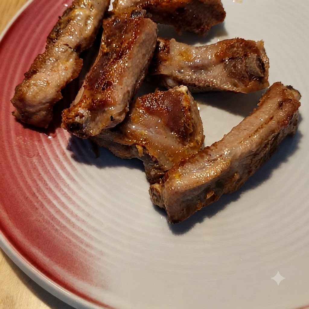 Coffee sauce being poured over browned pork ribs in a pan.