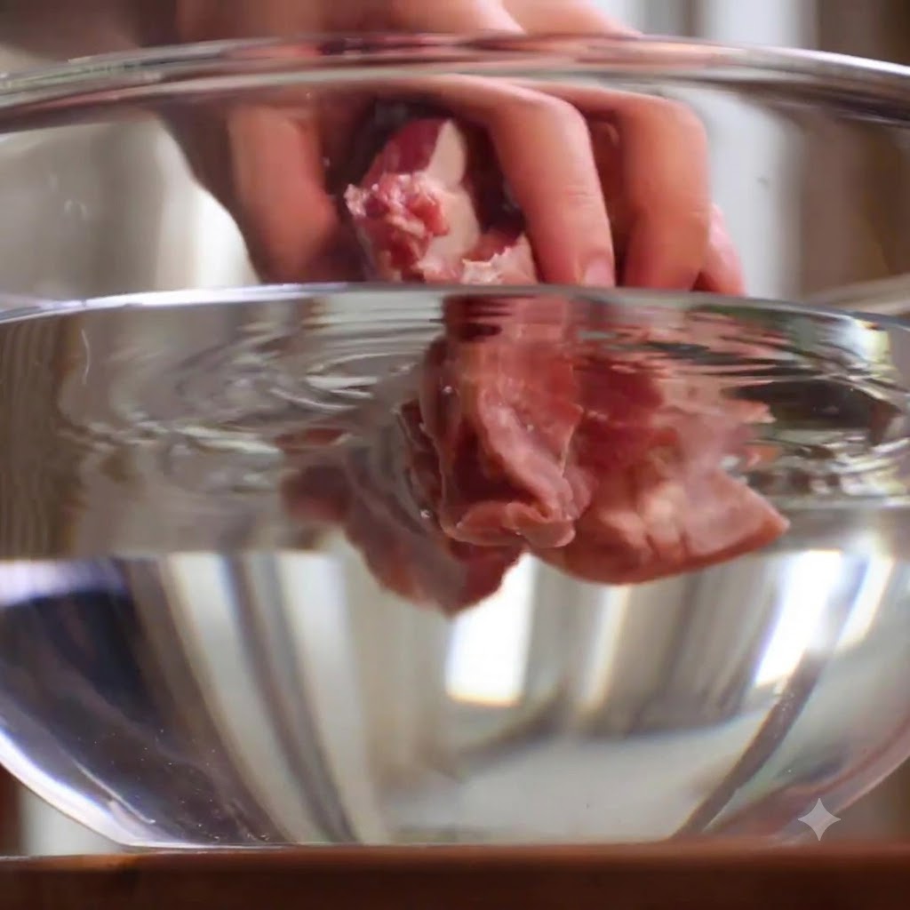 Fresh pork ribs submerged in a clear glass bowl filled with clean water.