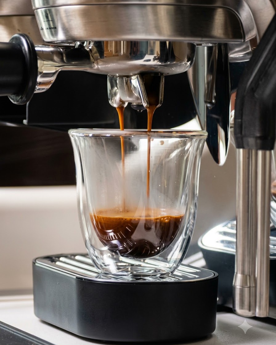 Rich espresso streams flowing from a coffee machine portafilter into a double-walled glass cup.