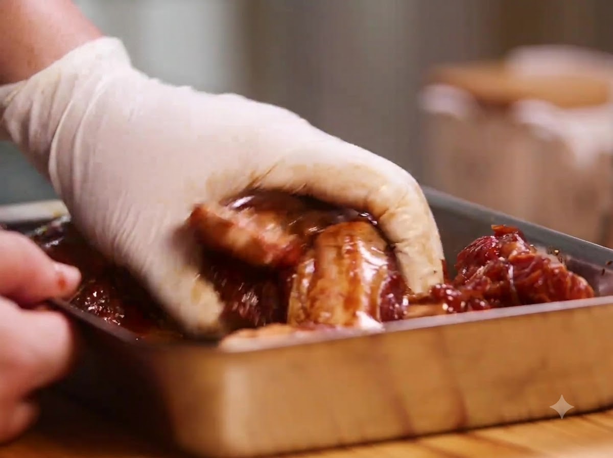 Gloved hands massaging dark marinade and espresso into pork ribs inside a metal container.