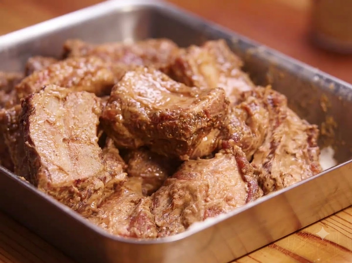 Marinated pork ribs coated in a layer of cornstarch and flour mixture inside a tray.