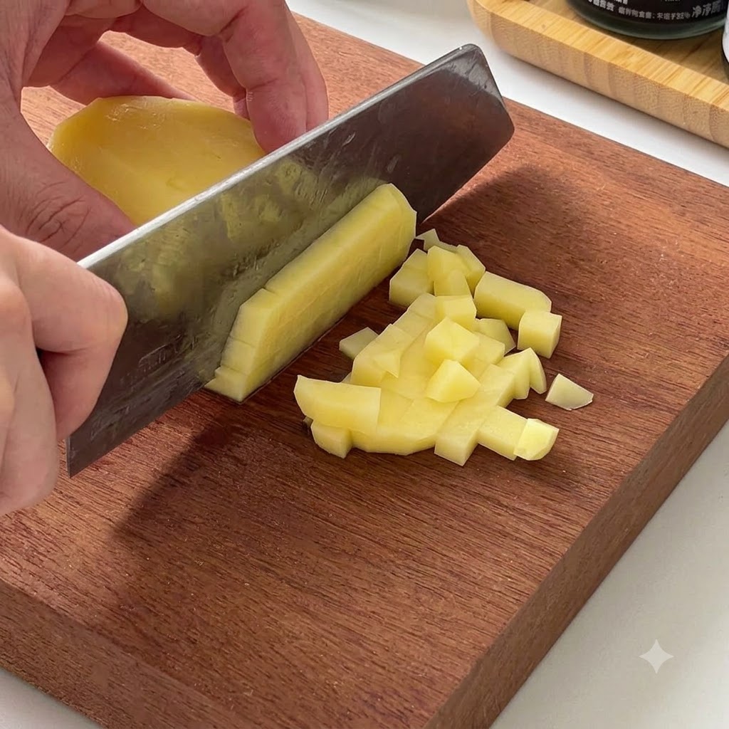A peeled yellow potato being cut into small cubes with a cleaver on a wooden cutting board.