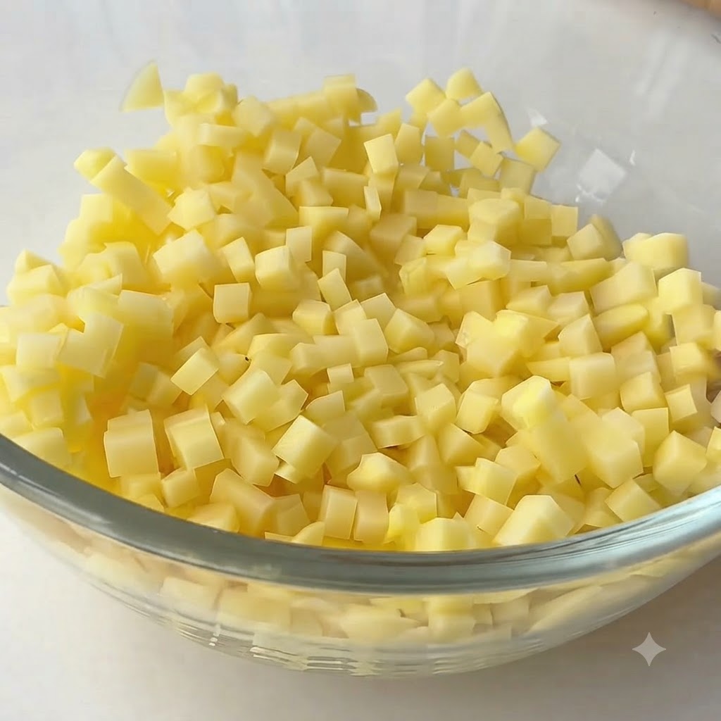 Diced potatoes soaking and being washed by a gloved hand in a bowl of clear water.