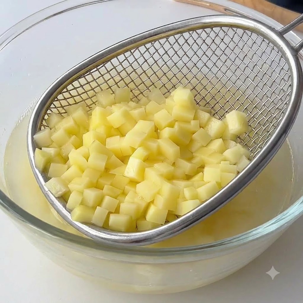 Diced potatoes being poured into a white pan where butter is melting.